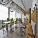 Warm interieur with wood elements and glass partitions walls