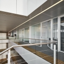 Glass office walls dividing the corridor 