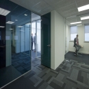 Offices separated with single glass partitions walls made of blue colored glass