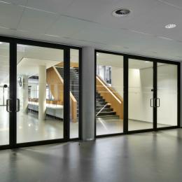 Fire resistant glass wall with large doors