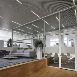 Boardroom with extra high glass walls.