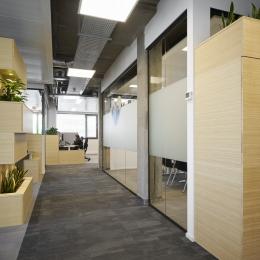Seamless glass partitions wall that divides the conference room from the larger office