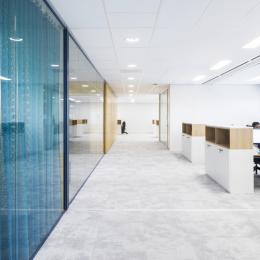 Blue colored single glass partitions walls
