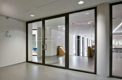 Fire resistant glass wall with large doors