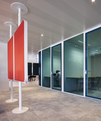 Corridor and office dividing partitions wall with blue glass