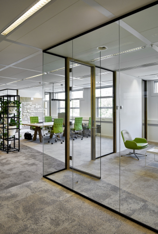 Single glass partitions wall combined with wood door frames