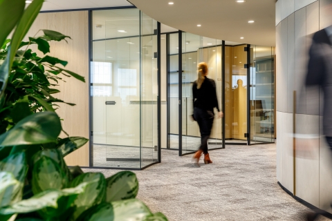 Single glass partitions with black profiles, hinges and locks