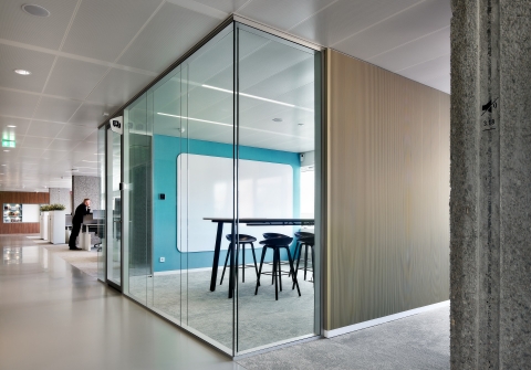 Glass office with double glass partition an full flush door